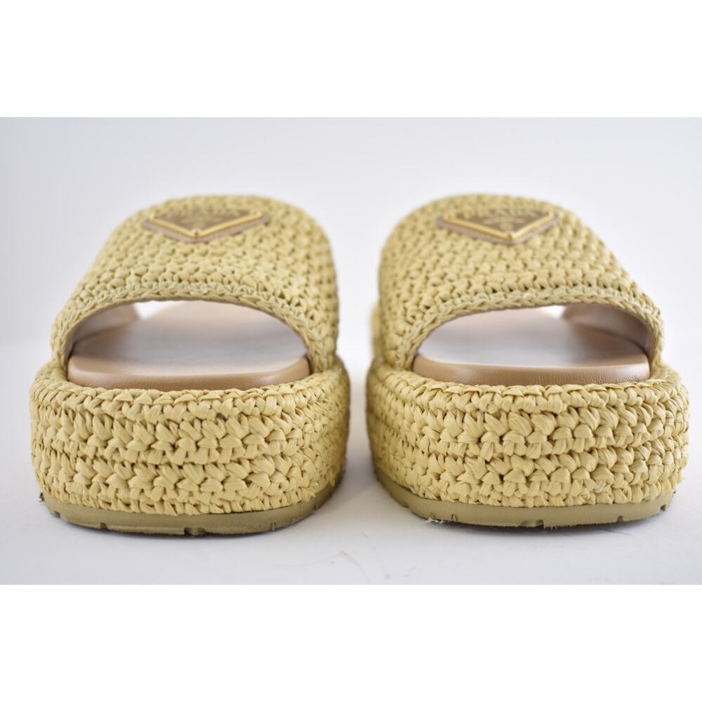 Prada Crochet Raffia Platform Slide Natural Beige Logo Mule Wedge Sandal 40 - Picture 15 of 16